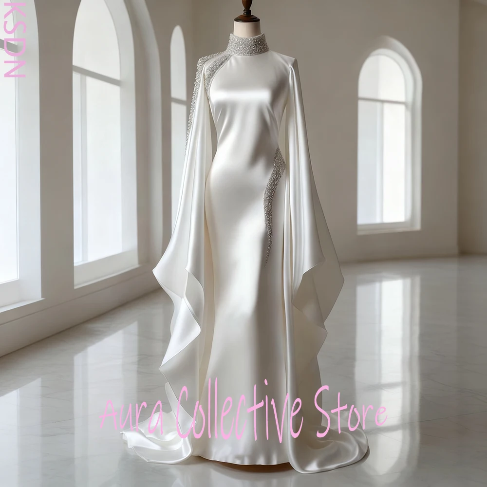 فستان زفاف أنيق من الساتان الأبيض برقبة عالية وأكمام طويلة ومطرز باللؤلؤ الفاخر للحفلات المسائية حورية البحر للنساء