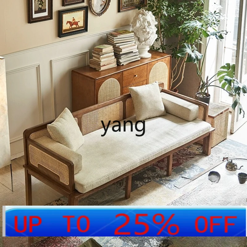 

LH retro solid wood sofa living room home retractable arhat bed sleeping rattan sofa