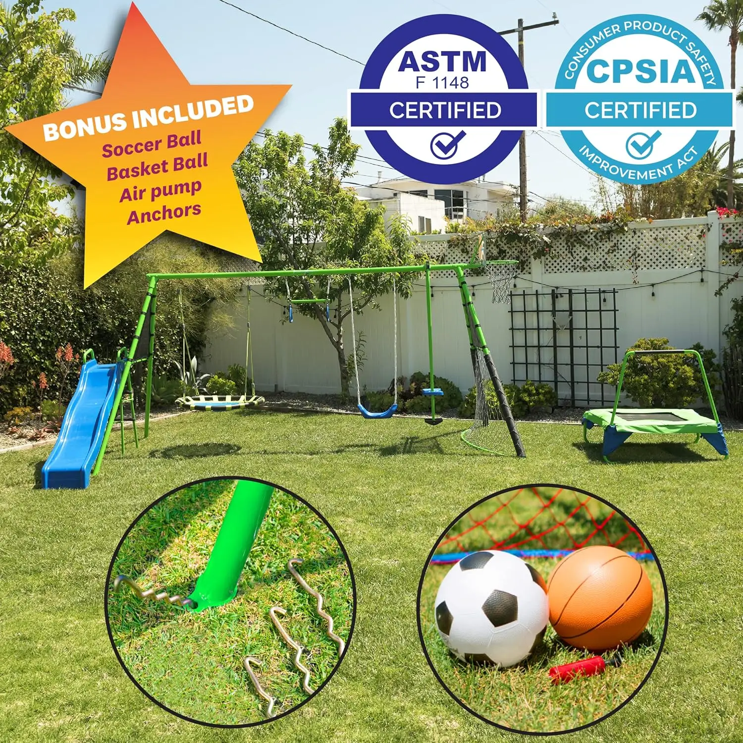 Ensemble de terrain de jeu Sports Outdoor 8 Stations, comprend un ensemble de balançoire, un toboggan, des barres de singe, un panier de basket-ball, un trampoline, du football et du basket-ball