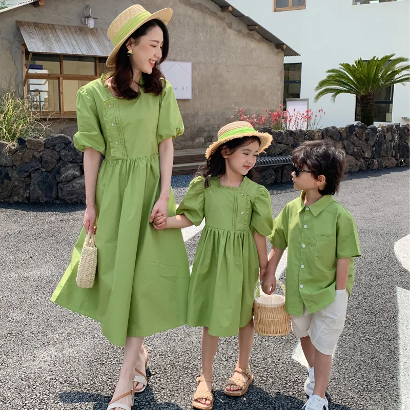 Family Matching Clothes Summer Shirt Solid Mother Daughter Short Sleeve Soft Cotton Dress Women Dress Girl Dress Boy Shirt