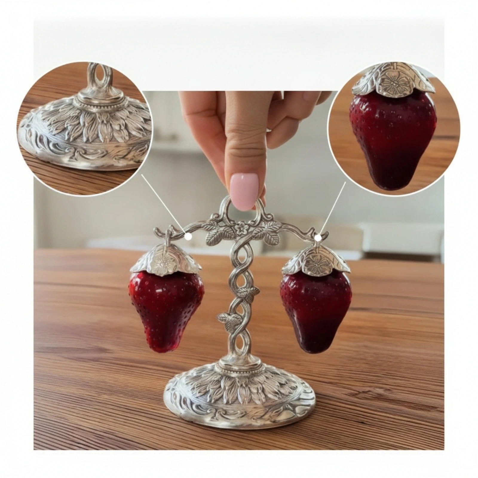 Strawberry Condiment Server Vintage-Style Condiment Holder with Stand Seasoning Cellar with Hanging Pots Ornate for Hosts view 4