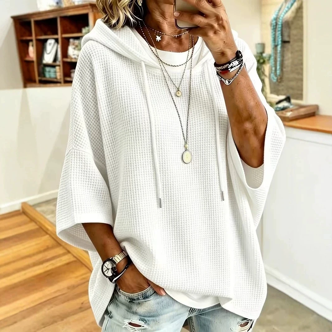 Neuer Waffelstrick-Hoodie mit Kordelzug, Lässige, lockere Oberbekleidung aus Strickmaterial – Detail 11