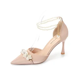 2024 Summer Celebrity Women's High Heels Fashion Pointed Toe Pearl Chain High Heel Sandals Dress Banquet Wedding Shoes