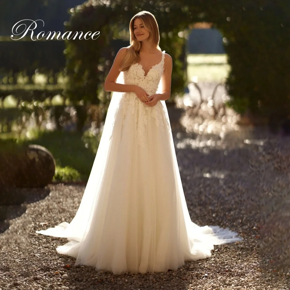 

Elegant Lace Appliques Spaghetti Straps Flowers A-Line Wedding Dresses V-Neck Sleeveless Backless Vestidos De Novia Customized