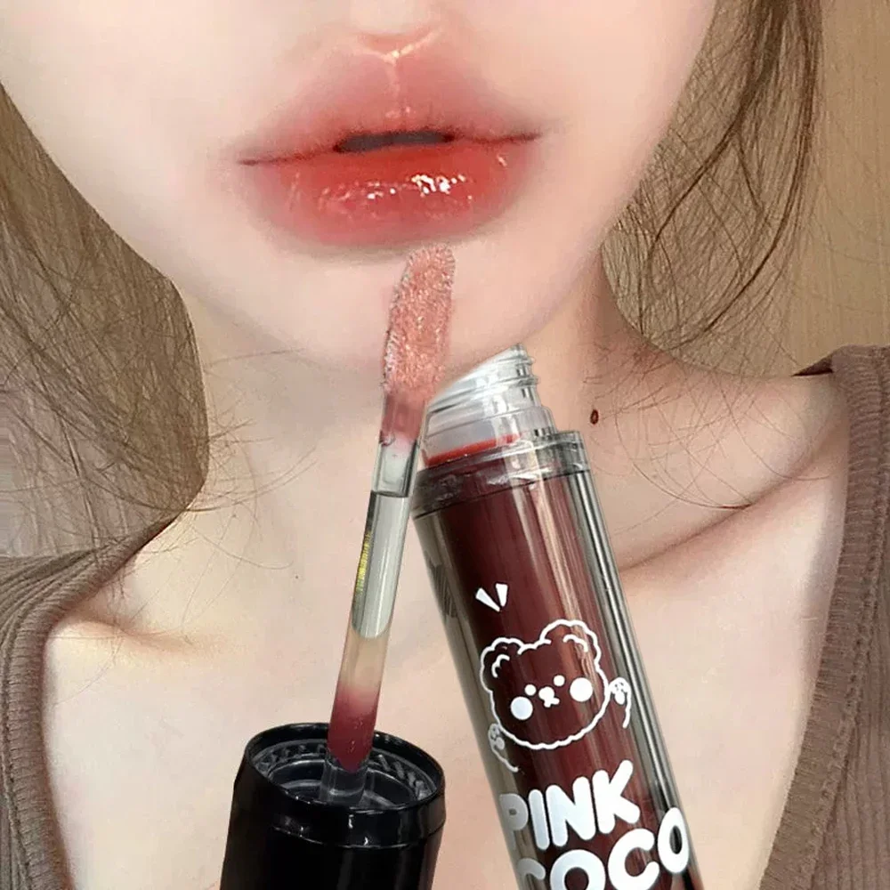 PINKCOCO Bear Doodle Mirror Lip Glaze Long-Lasting Shiny Lip Gloss Not Stick Cup Skin-Brighten Nude Lipstick Korean Lip Makeup