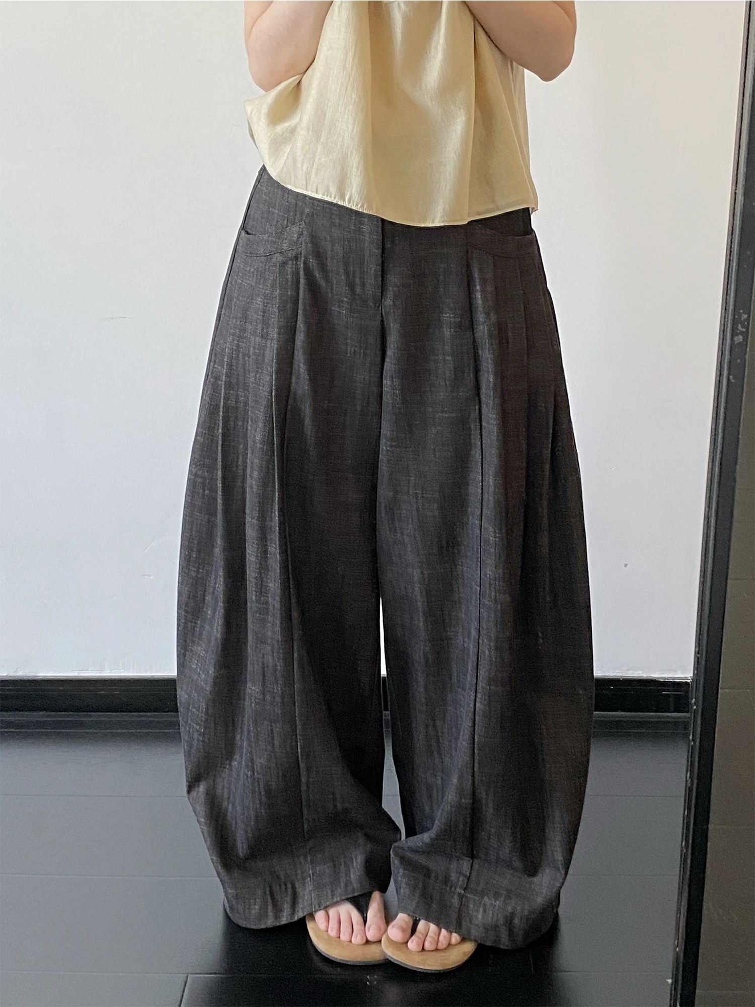 Loose Wide Leg Jeans Women's Casual Pants Draped Folded Hem Elastic Waist Floor-Length Commute Style Other Material