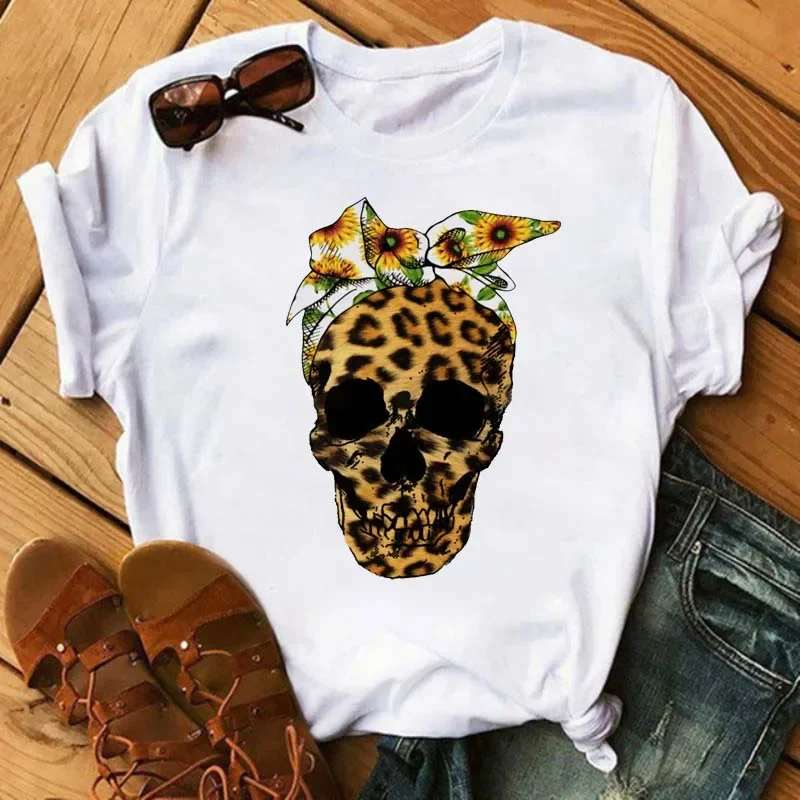 Moda Leopard nadruk z czaszką koszulka damska letnia luźna czarna koszulka damska Casual wokół szyi topy w stylu Harajuku ubrania damskie — zdjęcie 6