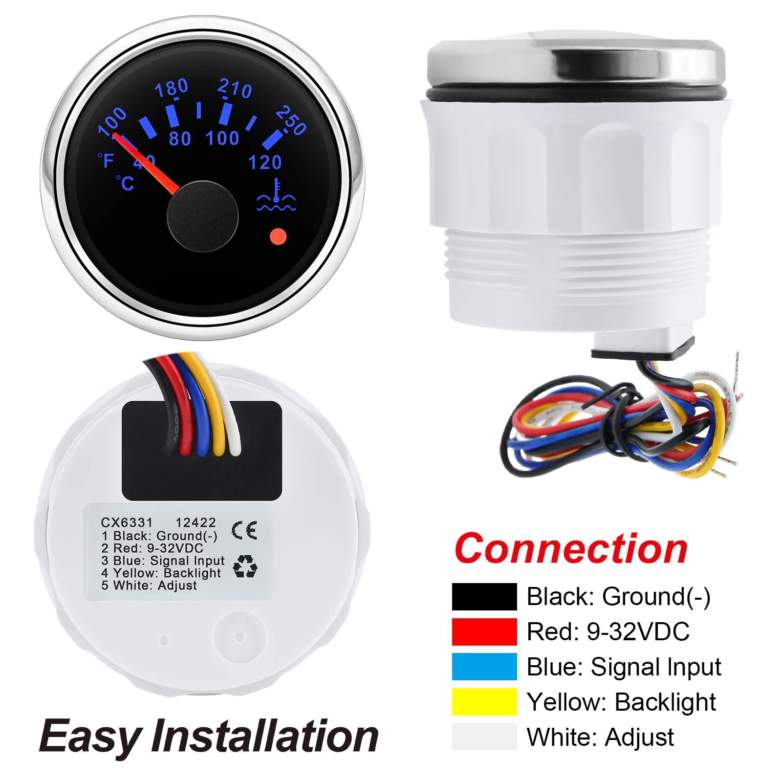 40~120 ℃ ,100~250 ℉   Medidor de temperatura del agua LED de 7 colores 52 mm Medidor de temperatura del agua con alarma intermitente para motor de barco de automóvil 12 V 24 V