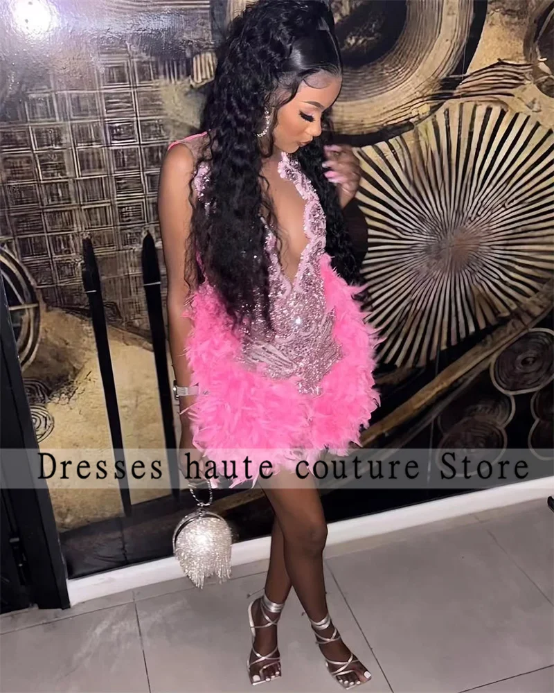 Pink Crystal Rhinestones Short Prom Dress For Black Girl 2025 Beaded Party Dress Feathers Mermaid Mini Cocktail Dress Customized