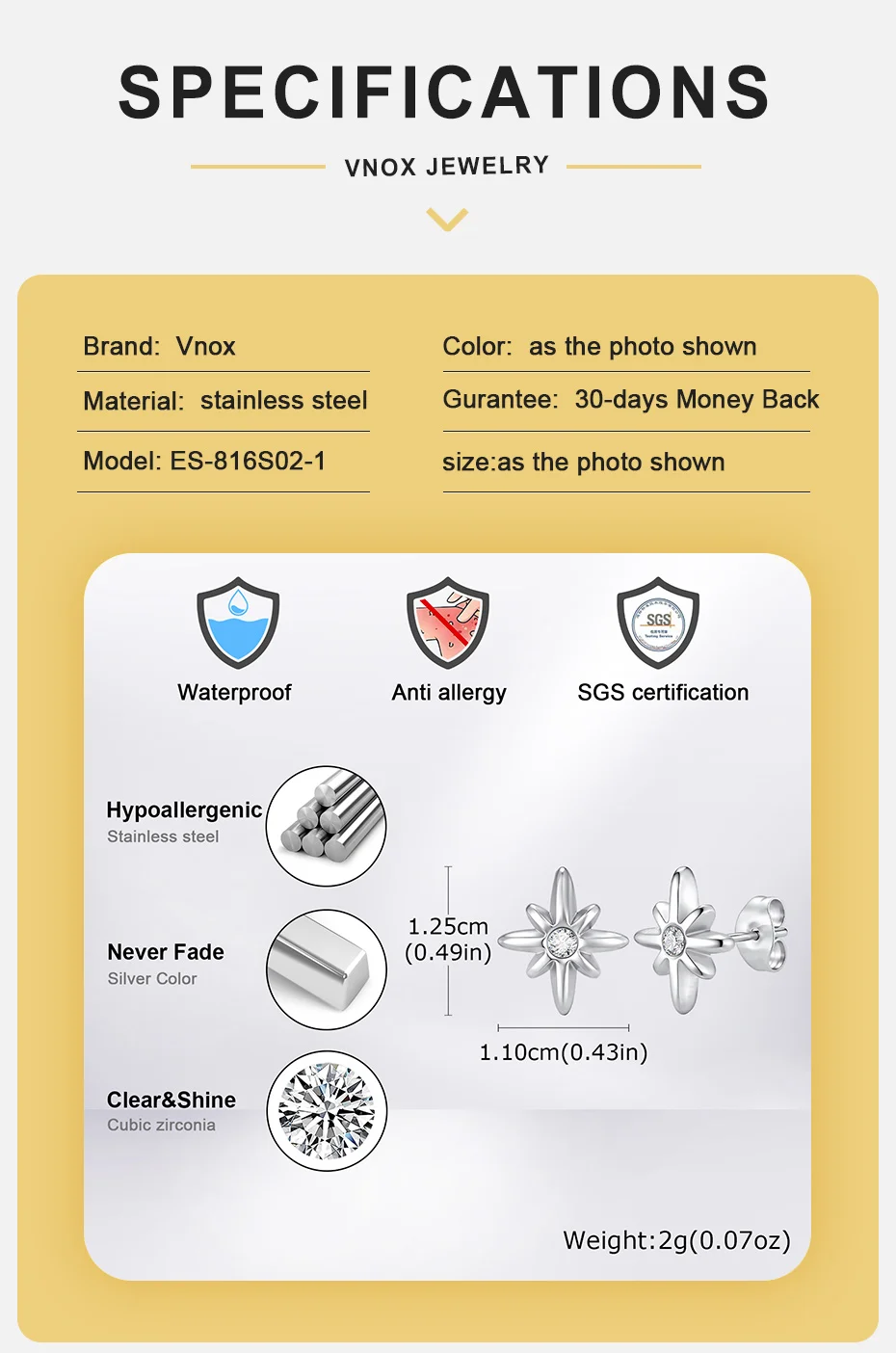 Vnox Edelstahl-Ohrstecker in Form eines achteckigen Sterns, weiße Zirkonia-Nordstern-Ohrringe für Herren, Punk-Minimalist-Schmuck für die Ohren, Geschenkidee. – Detail 3