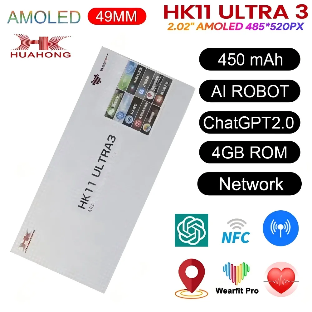 

2025 HK11 ULTRA 3 Смарт-часы 49 мм HD AMOLED 4G ROM Bluetooth Сетевой чатGPT Вызов Робот Часы NFC Компас Мужчины Женщины Смарт-часы