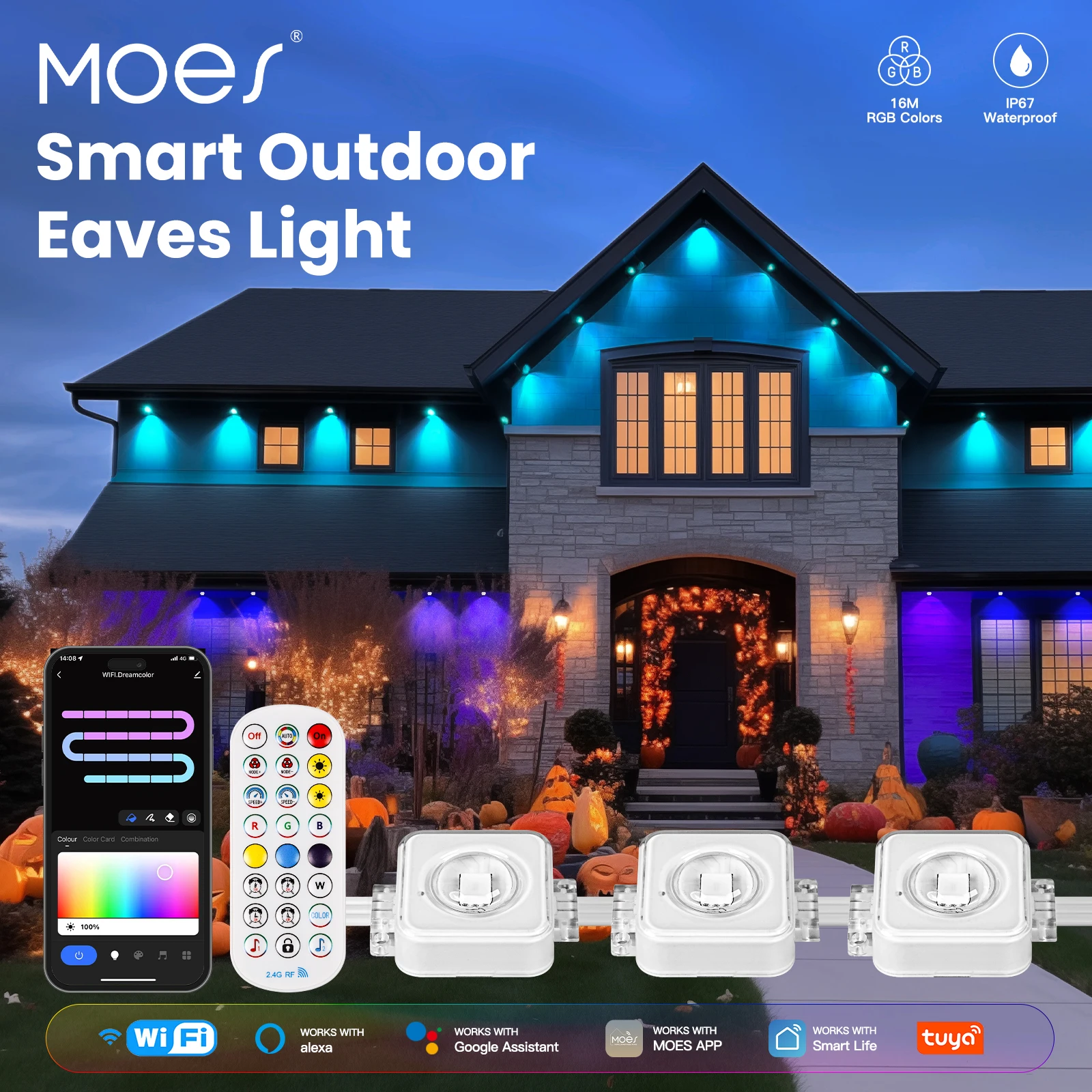 MOES-Smart Eaves String Luzes LED para exterior, IP67 impermeável, cor RGB, controle remoto RF, Alexa, Google Home, Wi-Fi, Tuya, 1600 milhões