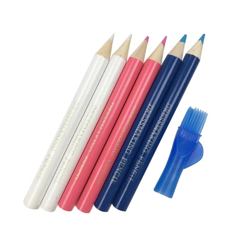 6PCS Tailors ชอล์กดินสอผ้าดินสอพร้อมหมวกแปรง,Erasable เย็บ Mark ดินสอสำหรับผ้า Tracing Quilting