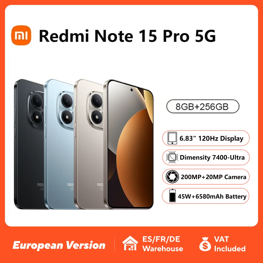 Smartphone Xiaomi Redmi Note 15 Pro 5G, écran AMOLED CrystalRes de 6,83 pouces à 120 Hz, appareil photo principal de 200 MP avec stabilisation optique de l’image (OIS), processeur MediaTek Dimensity 7400-Ultra, charge rapide de 45 W, batterie de 6580 mAh, NFC, version mondiale.