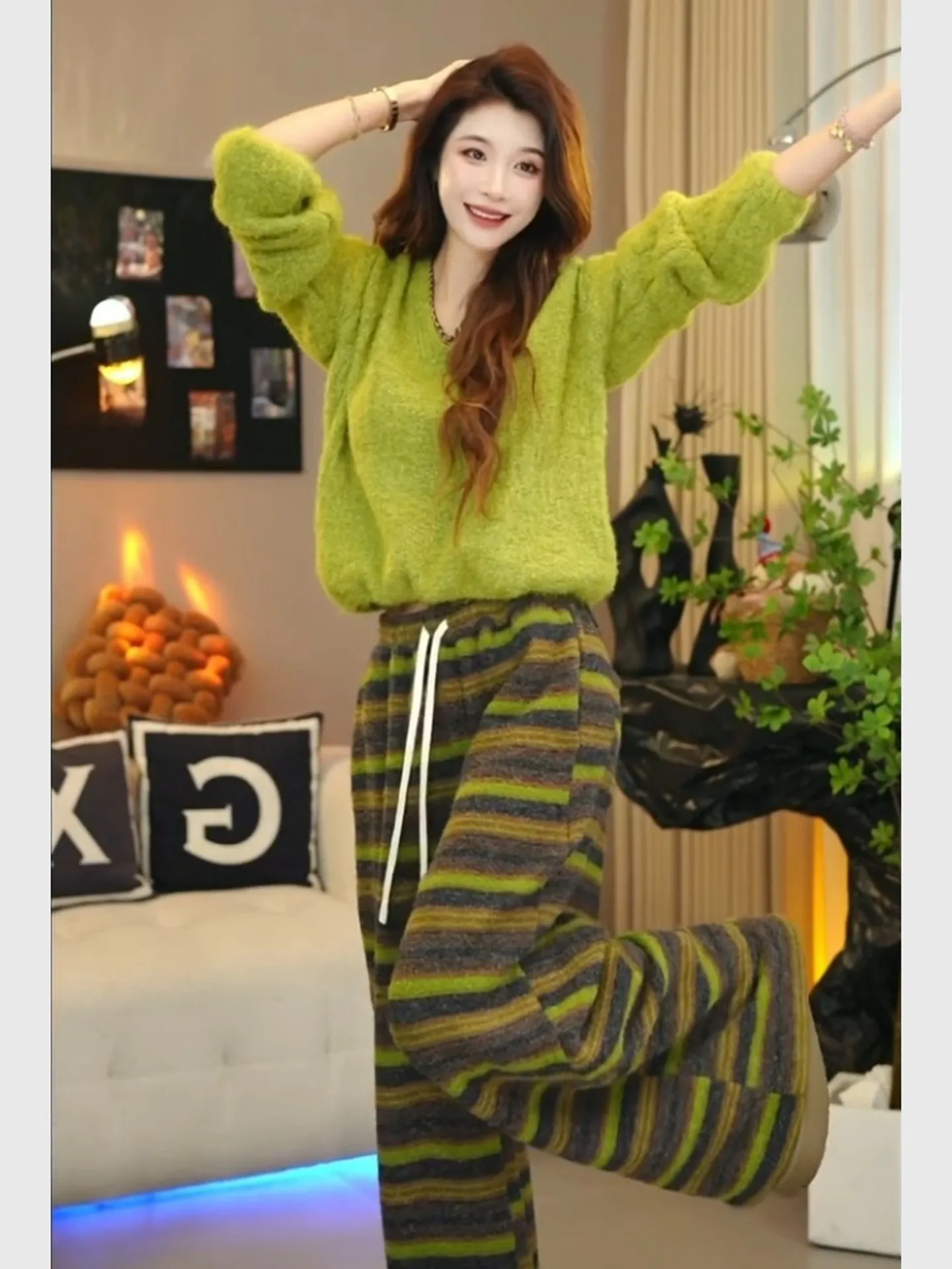 

Chic Winter Faion Korean Sle Lazy Luxury Outfit Two-Piece Set Stripe Pattern Long Sve Knitted Sweater Vintage Sle