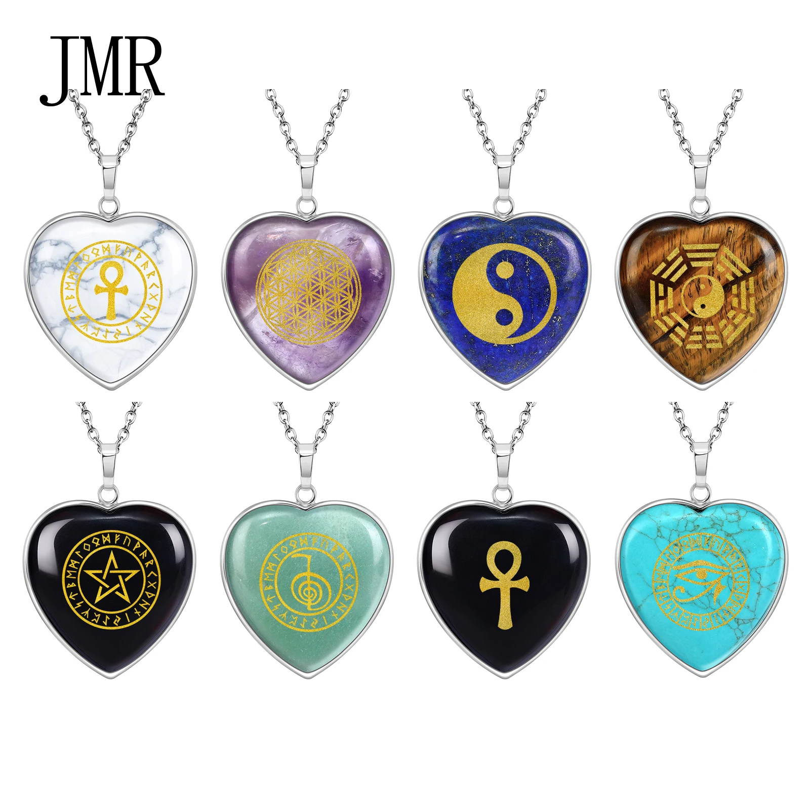 

Yin Yang Bagua Necklace Horus Eye Cross Flower of Life Pendant Natural Crystal Stone Spiritual Symbol Tree of Life Tree Sun Moon