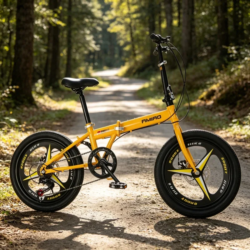 Yellow 20-inch One-Piece Wheel Folding Bicycle Ultra-Light Portable Student Bike with Disc Brake System And Variable Speed for