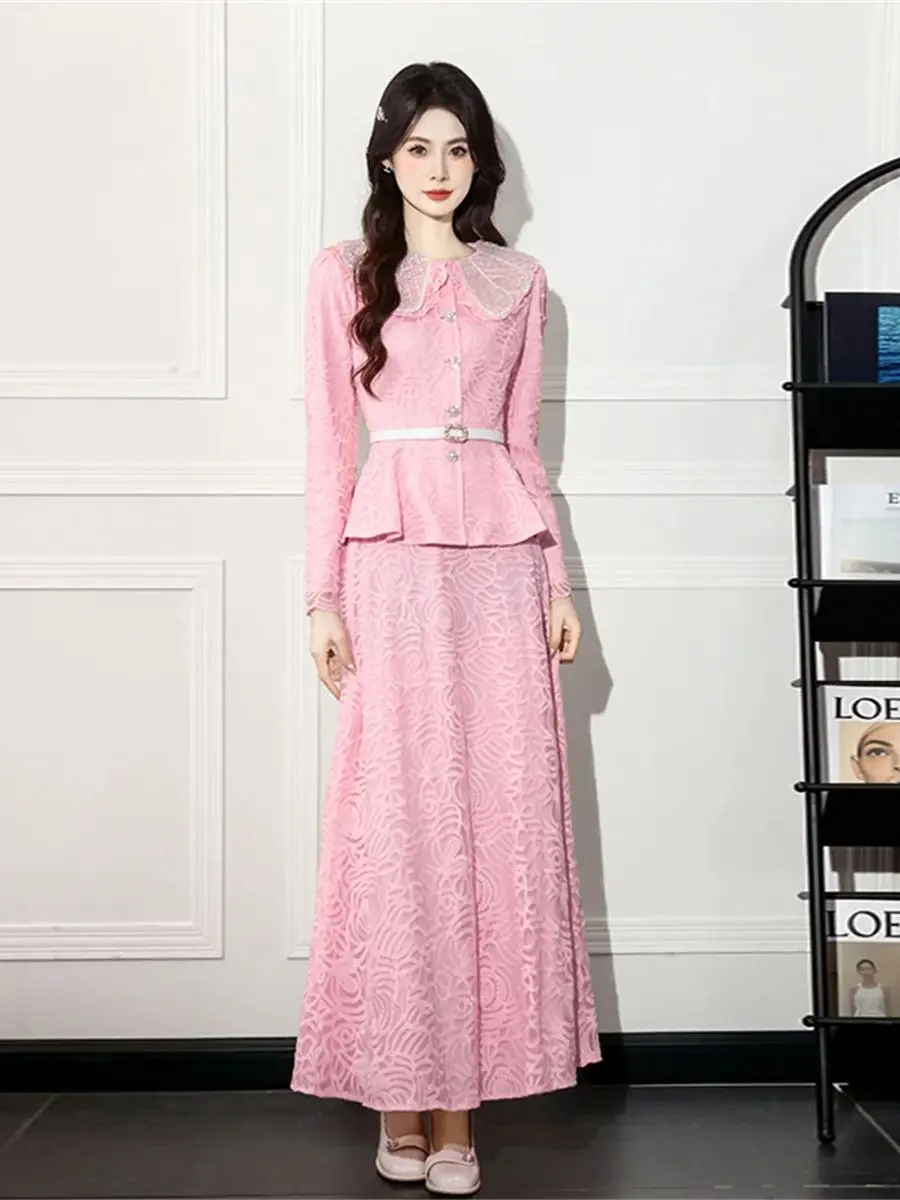 

Autumn Crystal Buttons Two Piece Set Women Elegant Peter pan collar Jackets Coat Long Maxi Skirts Suits Embroidery 2pcs Outfits