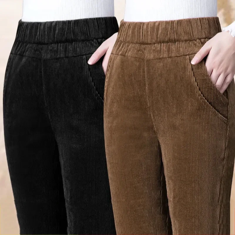 Spring Elastic High Waist Straight Trousers Women Classic Black Pantalones De Mujer Mother\'s Casual Brown Corduroy Pants N256