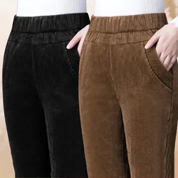 Spring Elastic High Waist Straight Trousers Women Classic Black Pantalones De Mujer Mother's Casual Brown Corduroy Pants N256