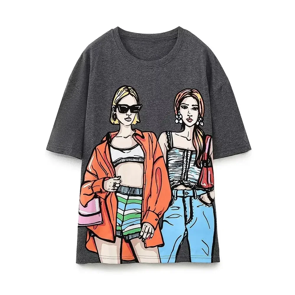 Tangada 2024 Summer Women Girl Print Cotton T Shirt Oversized Short Sleeve Ladies Casual Long Tee Shirt Wear Top TA20