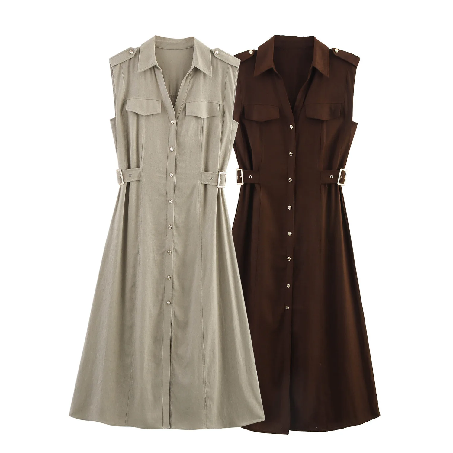 

2025 Summer New Women's European and American Style Breasted Belt Fashion Elegant Temperament Pleated Dress Ladies