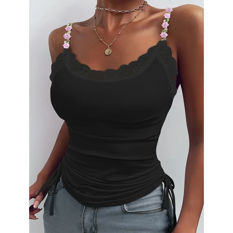 Stylish Off-Shoulder Top with Lace Edging - Flexible And Elastane Blend, Sleeveless with Floral Embellishments
