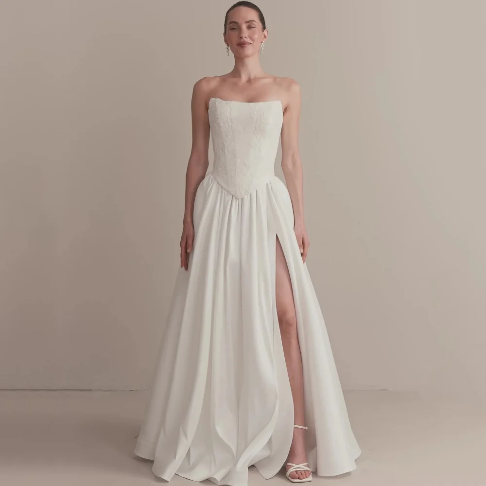 Vestidos de casamento elegantes de renda personalizados sem alças alta divisão vestidos de noiva uma linha rendas até vestido de noiva novia