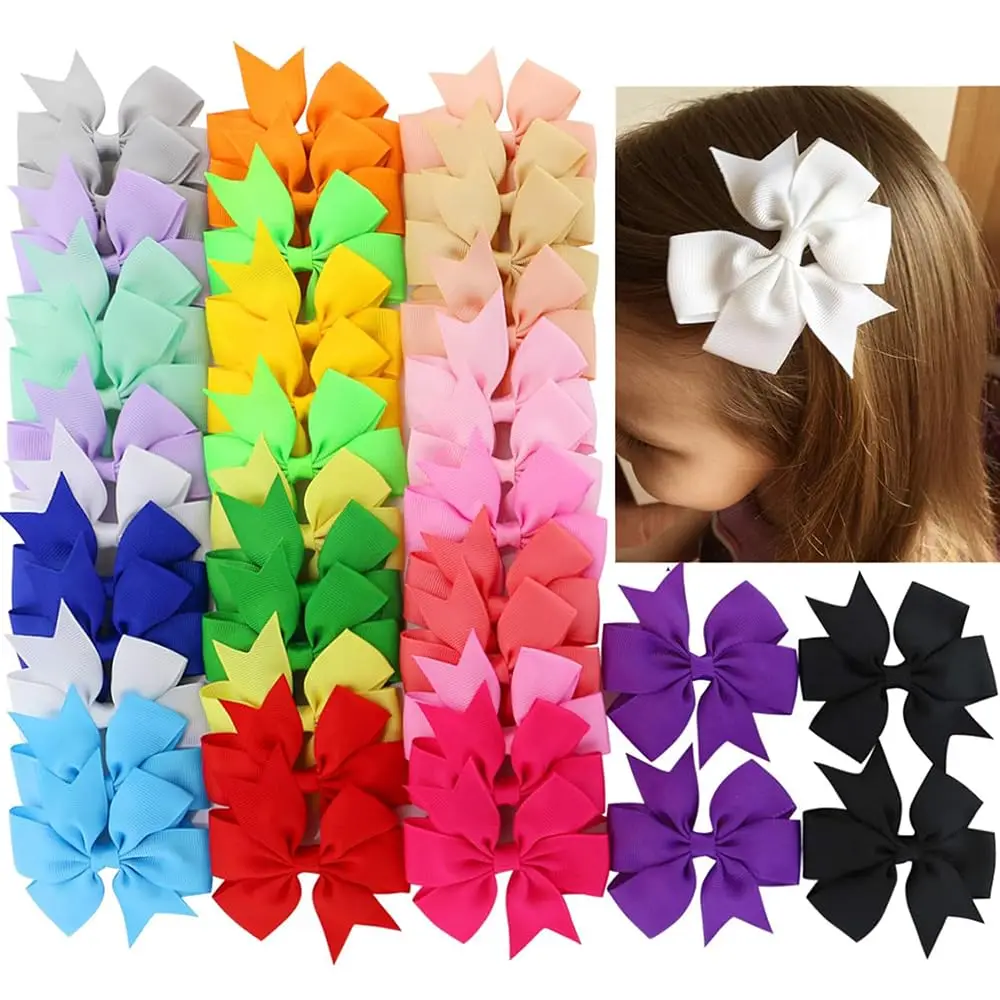 

40 Pcs 3" Grosgrain Ribbon Pinwheel Hair Bows for Girls, Toddlers, Babies - Alligator Clips, 20 Pairs