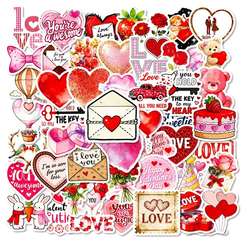 

10/30/56PCS Kawaii Red Love PVC Sticky Sticker Aesthetic DIY Children's Decoration Scrapbooking Hand Accounting Supplies