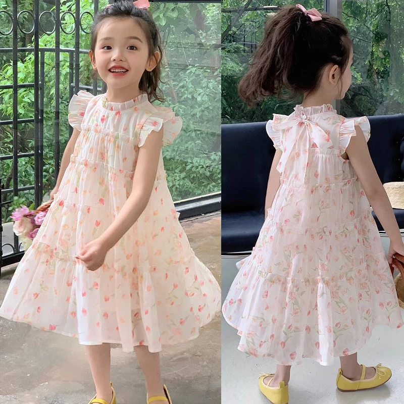 2-8 Years New Summer Princess Girls Dress Full Print Little Flower Lightweight And Comfortable Design Party Dress For Kids