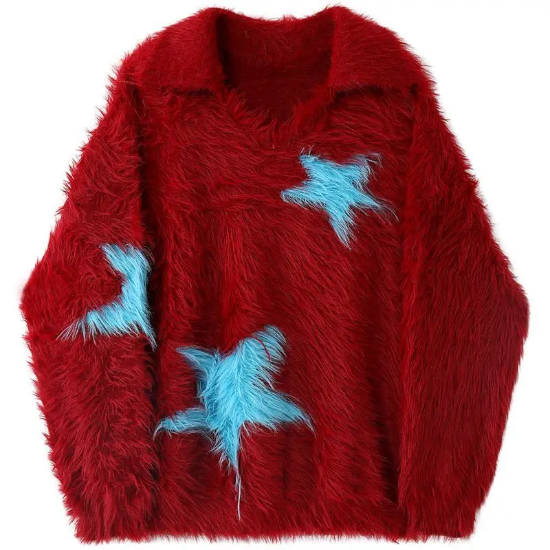 

Star Pattern Contrasting Red Knitted Sweater Spring Autumn Christmas Top Loose Versatile Women's Long Sleeved Knitted Pullover
