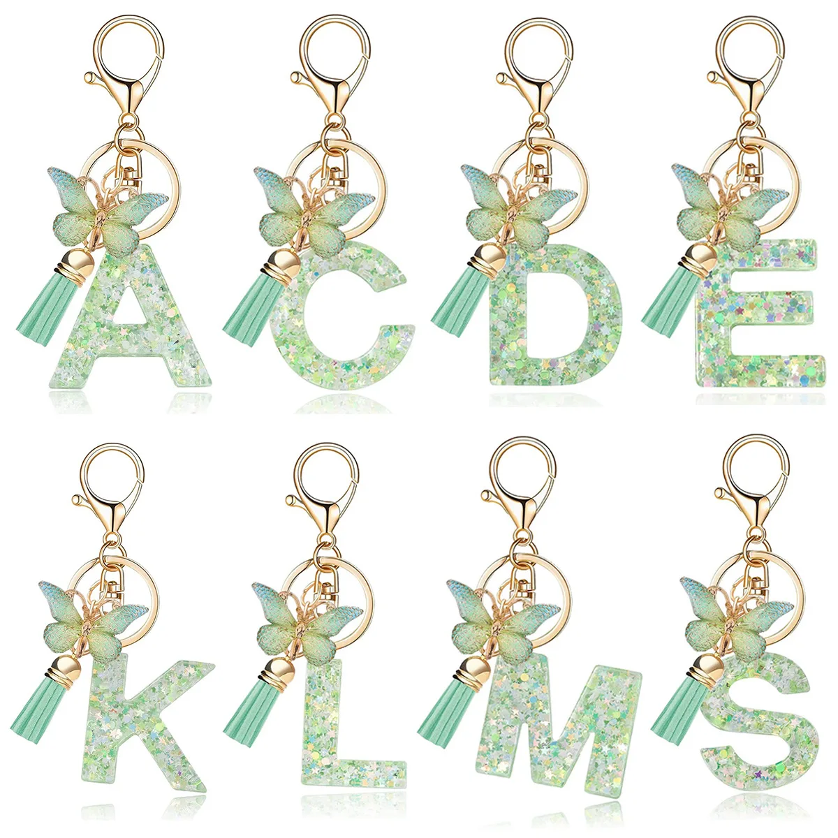 A-Z couleur verte paillettes lettre initiale porte-clés résine papillon gland homard métal porte-clés bijoux mode sac à dos pendentif ﻿