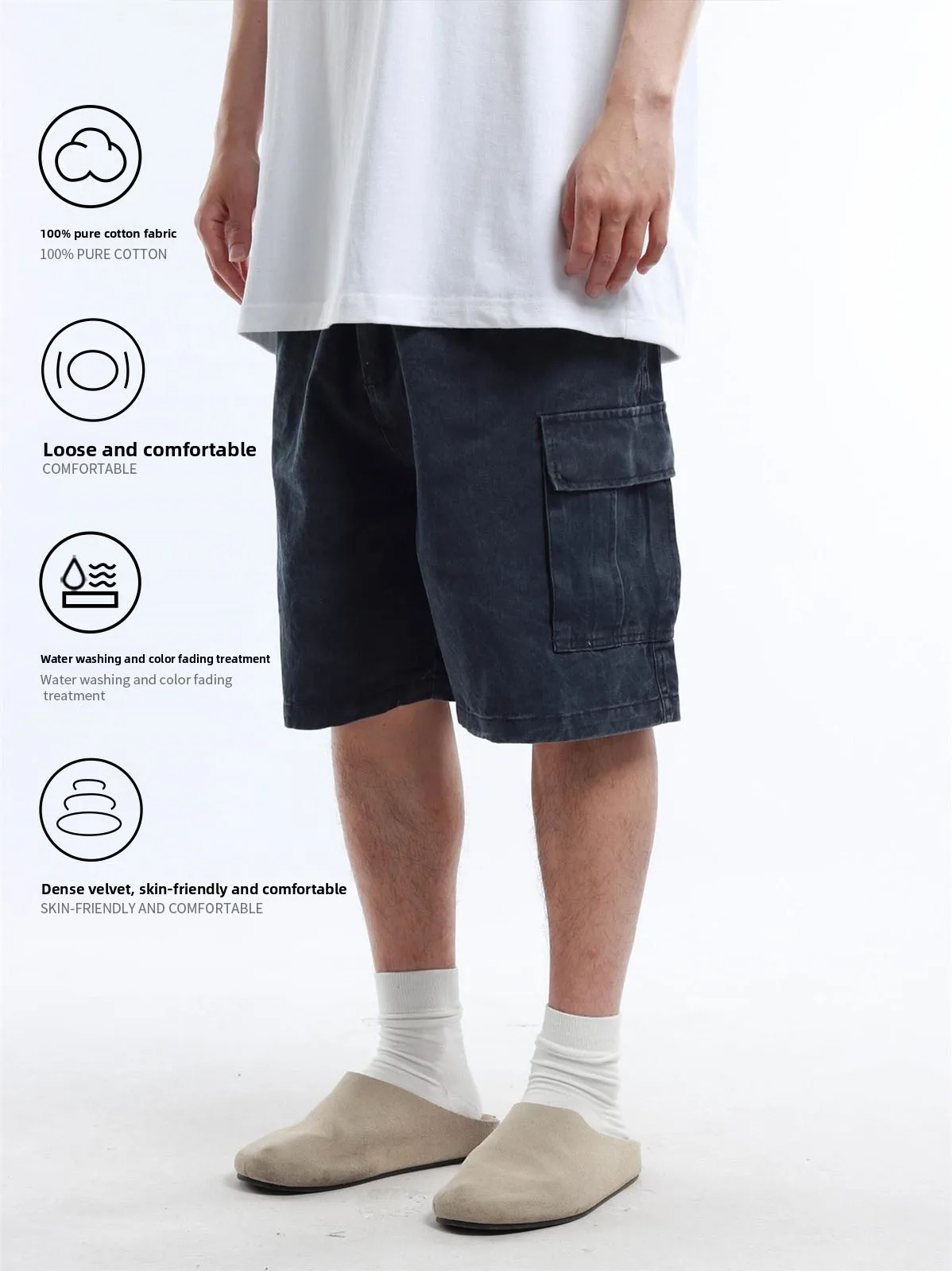 BSAPA Vintage Washed Workwear Shorts Five-Pocket Straight Leg Summer Casual Cotton Shorts Retro Style Loose Fit Men's Shorts