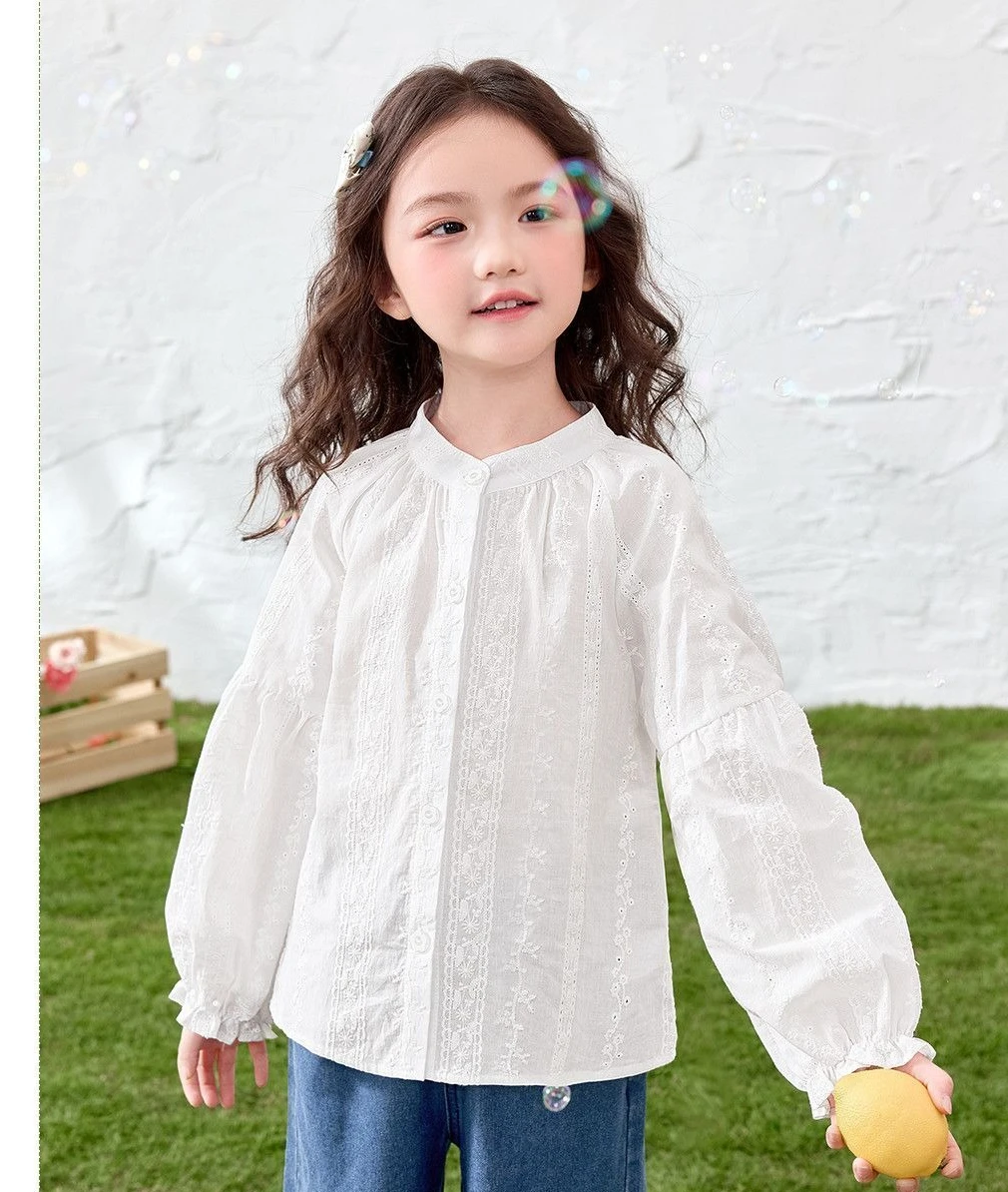 2026 Spring Girls Bubble Sleeve Shirt Solid Color Lightweight Fabric Holiday Wear Korean Version Design