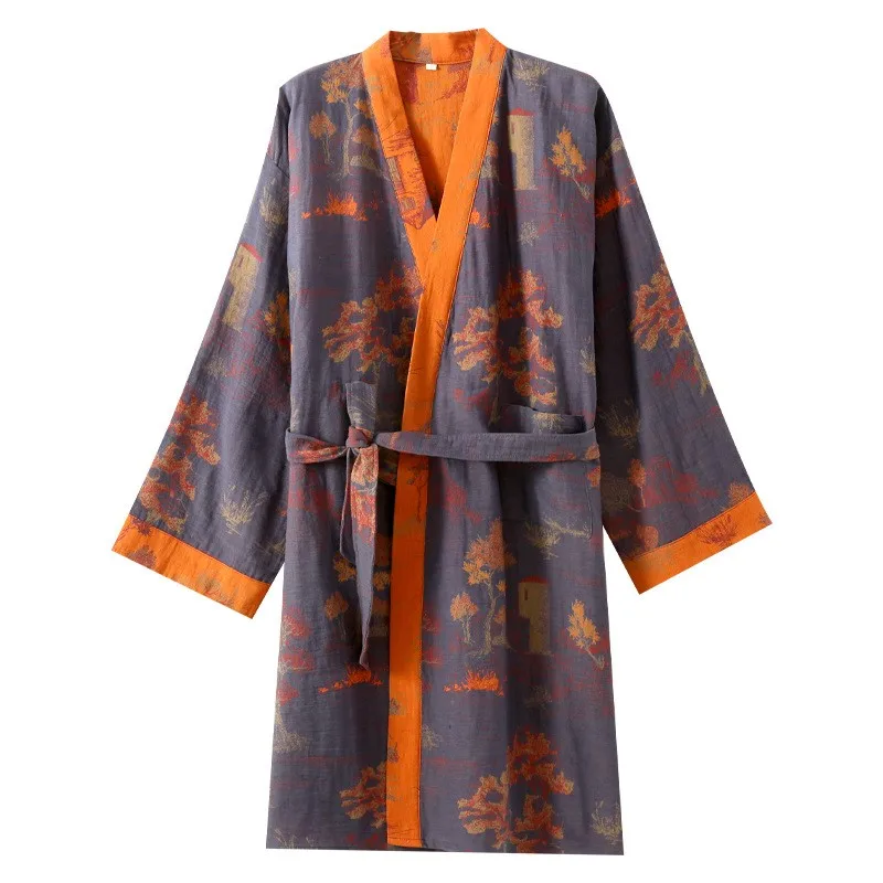 Male Pure Cotton Kimono Robe Pajamas Spring 2024 New Loose Double Layer Gauze Men\'s Bathrobe Floral Print Sleepwear Lounge Gown