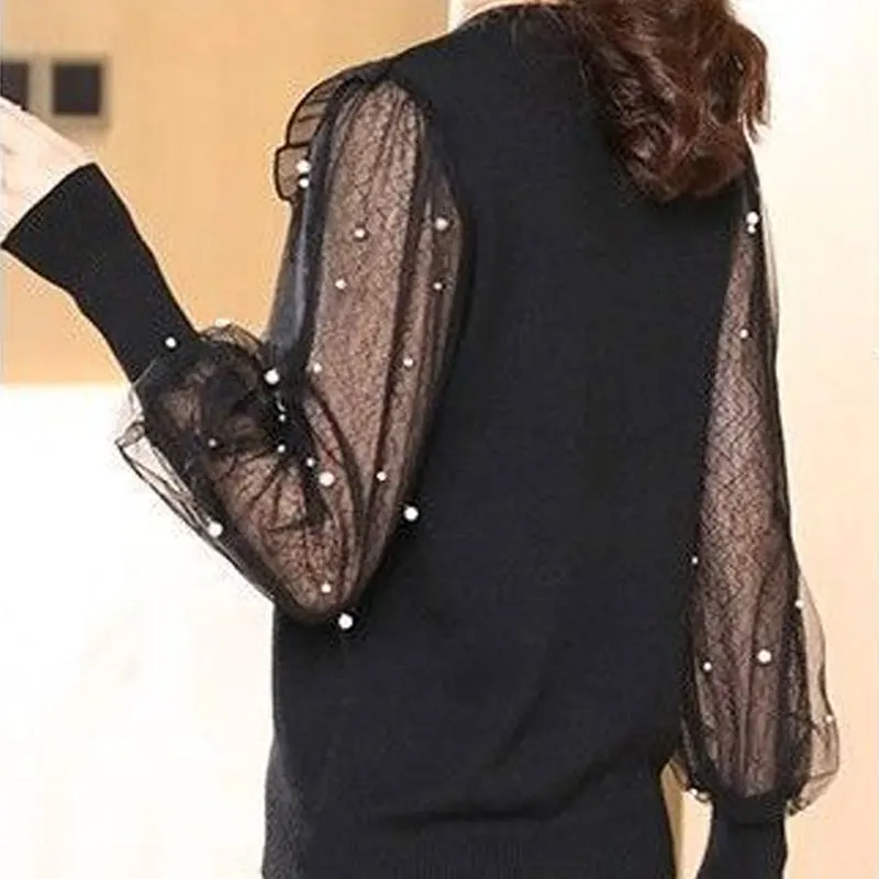 Women's Clothing Commute Lace Shirt Gauze Spliced Spring Autumn V-Neck Stylish Beading Ruffles Basic Solid Color Knitted Blouse