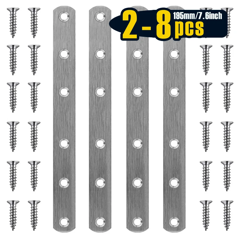 2-8 Piezas de Placas Rectas de Acero Inoxidable de 195 mm (7.6 Pulgadas) para Reparación de Madera, Placas de Reparación Resistentes