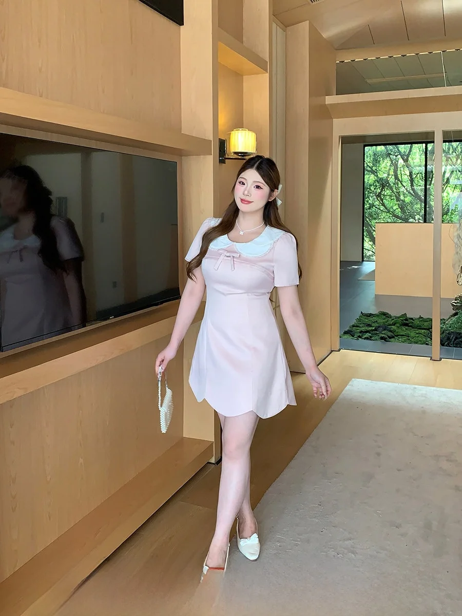 

Нежно-розовое платье с воротником-стойкой и юбкой А-силуэта с высокой талией, летнее, для полных женщин