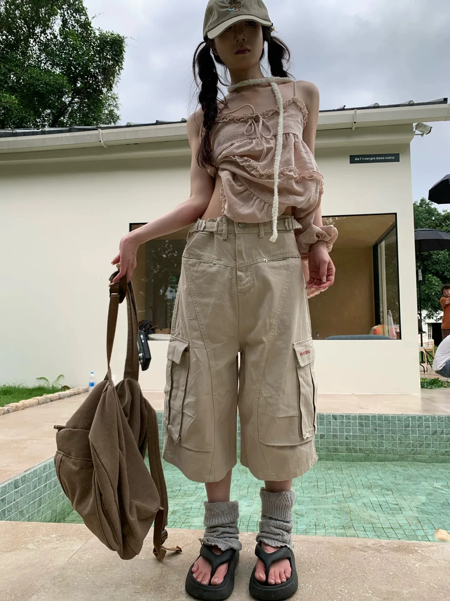 American Retro Design Multi-Pocket Wide Leg Short Pants Women's Summer Street Loose Match All Casual Pants Cotton Material