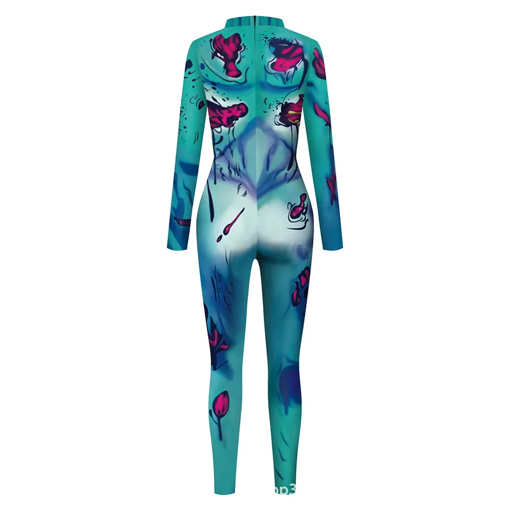 Halloween Sexy Damen Kostüm mit Digitaldruck, Karneval Bodysuit mit Reißverschluss, Party Cosplay Jumpsuit Outfit – Detail 14