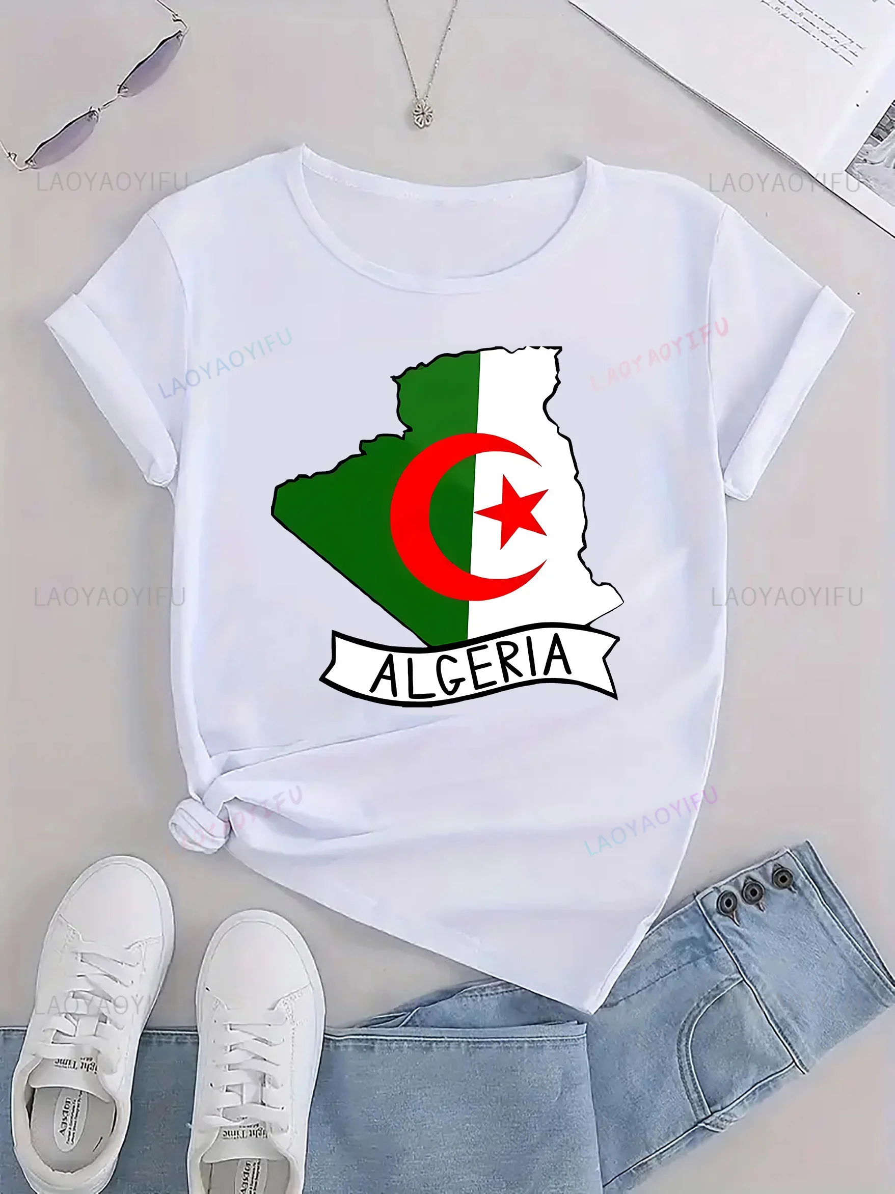 تي شيرت مطبوع عليه علم الجزائر للنساء كاجوال برقبة دائرية وأكمام قصيرة تي شيرت قابل للتنفس متعدد الاستخدامات موسمي جديد كاجوال بسيط #3