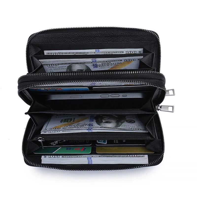 محفظة جلدية أصلية سوداء رجل عادية محفظة جلدية البقر الحقيقي سعة كبيرة الذكور جلد البقر مخلب حقيبة اليد مع السوار