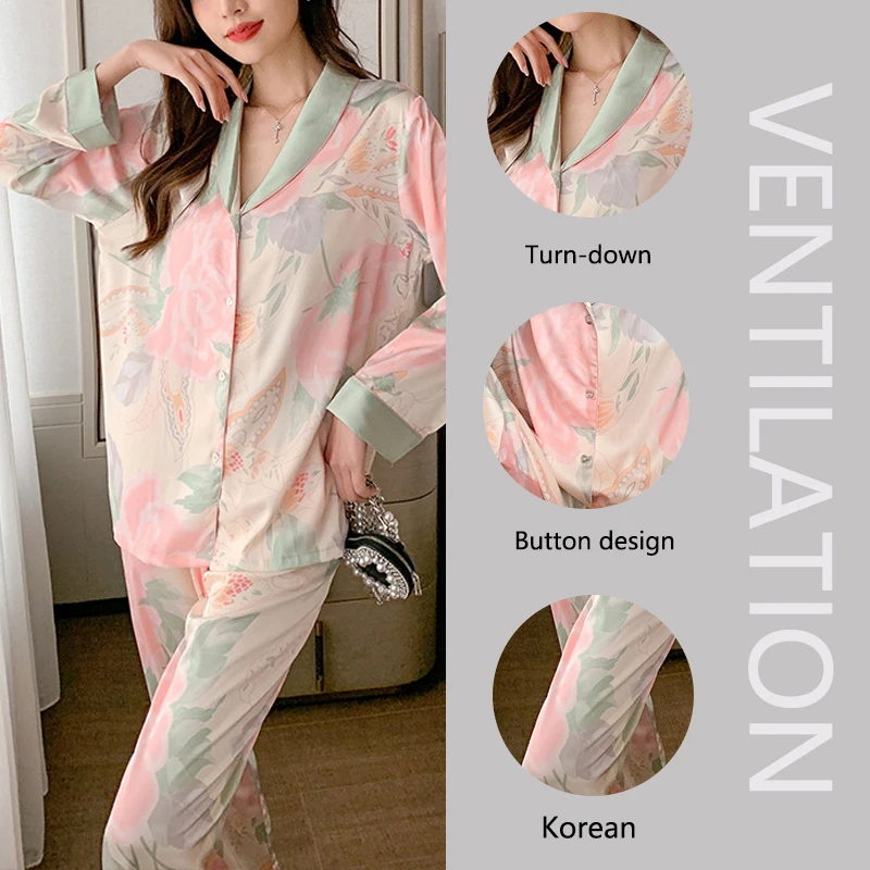 Two-Piece Pajama Set Ladies Cardigan Home Wear Floral Pattern Long Sleeve Fancy Underwear Sexy Nightwear Women Sleepwear Girl