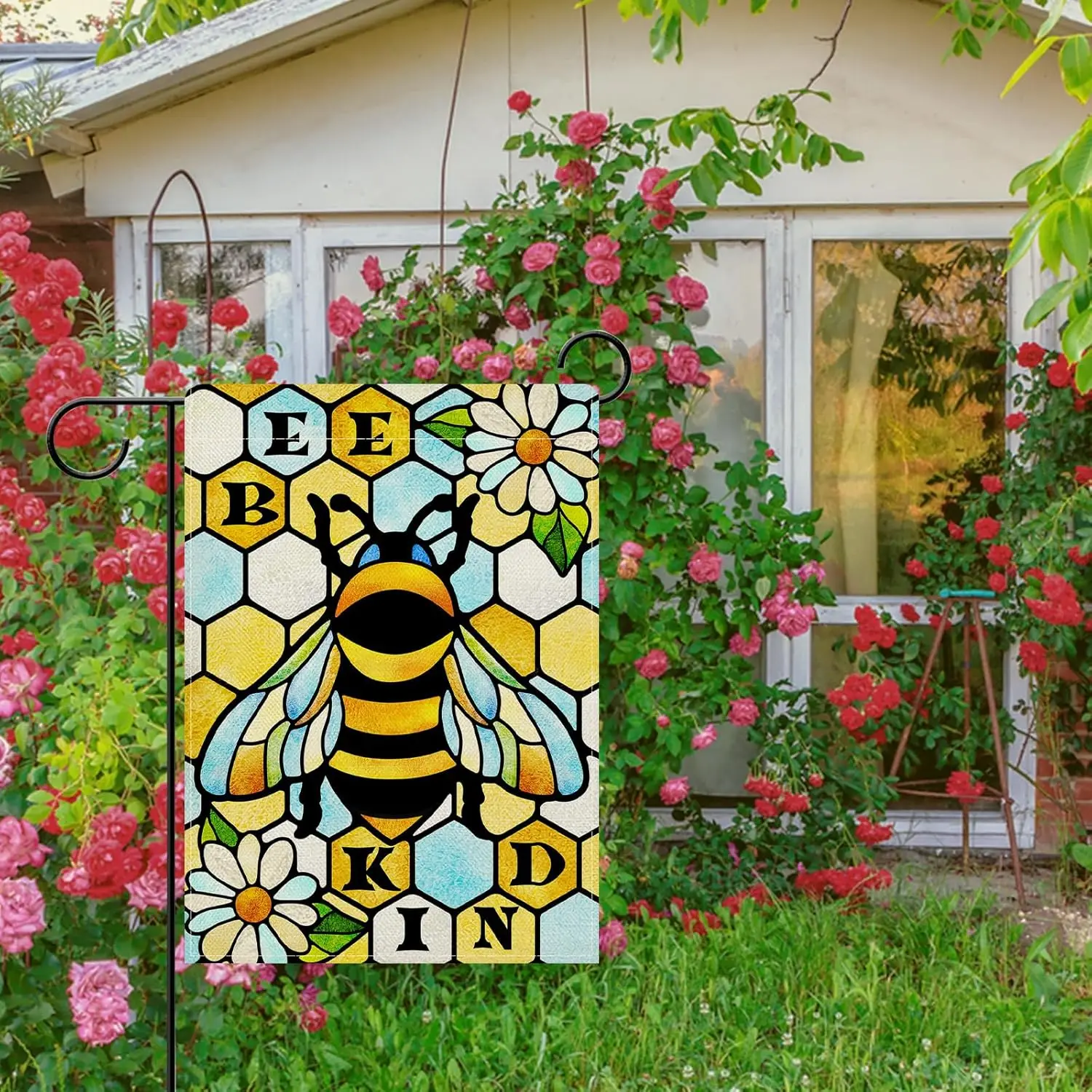 Dyrenson Spring Summer Bumble Bee Stained Glass Window Decorative Garden Flag, Bee Kind Daisy Flower Honeycomb Yard Outside  EEZ
