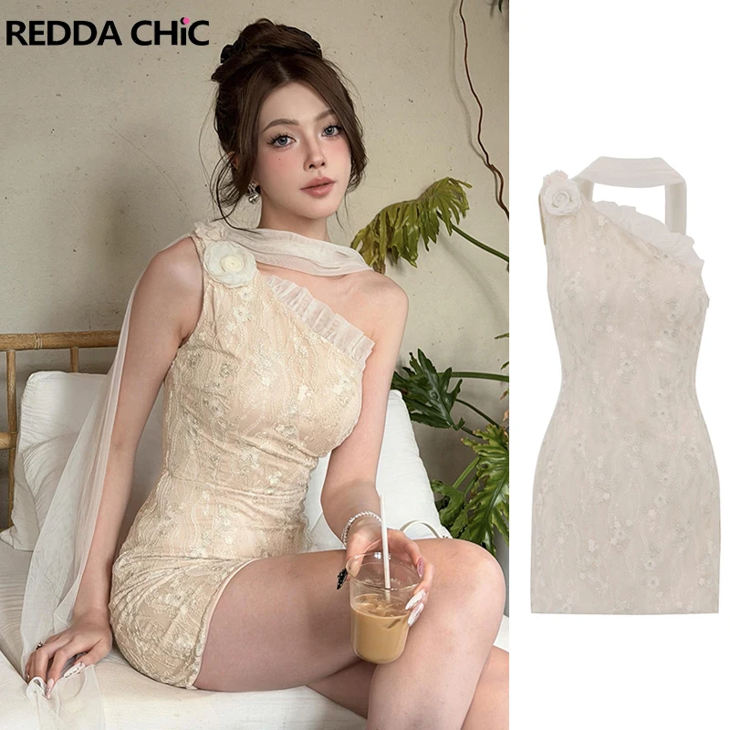 

Элегантное вечернее мини-платье ReddaChic с фатиновым шарфом на шею, асимметричным вырезом на одно плечо, оборками и цветочной аппликацией для женщин