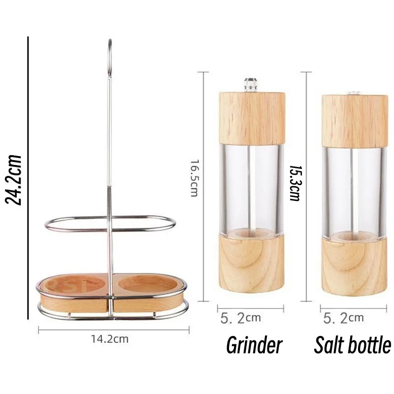 Wooden Salt and Pepper Grinder Sets With Iron Shelf Acrylic Visible Window Manual Grinder Kitchen Helper 6 Inches Mills Tools