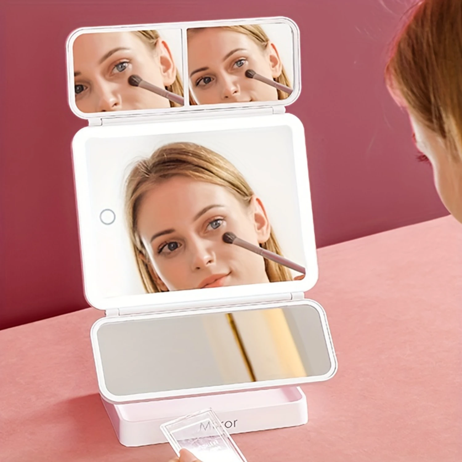 LED Tri-Fold Vanity Mirror With Bright Lights, 3X/2X/1X Magnification, Dimmable Tabletop Cosmetic Mirror with 83 LEDs, 180° & 9