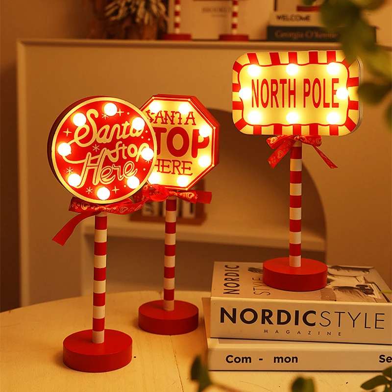 Christmas Retro Lamp North Pole Sign LED Light Santa Stop Here Street Sign Xmas Wooden Desktop Decoration Xmas Decor