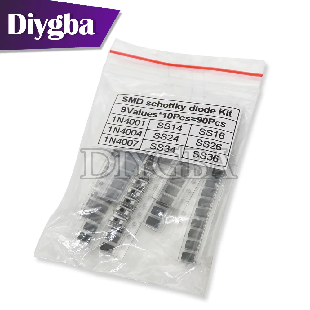 90PCS/lot 1N4001 1N4004 1N4007 SS14 SS24 SS34 SS16 SS26 SS36 SMD schottky diode assort kit 9values x 10pcs DIYGBA